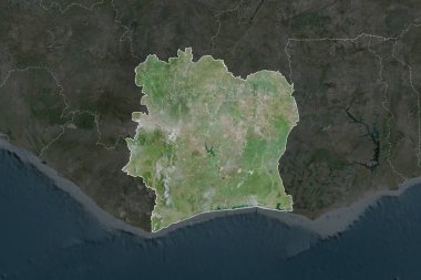 Cote d 'Ivoire' ın şekli komşu bölgelerin dedoygunluğuyla ayrılır. Sınırlar. Uydu görüntüleri. 3B görüntüleme