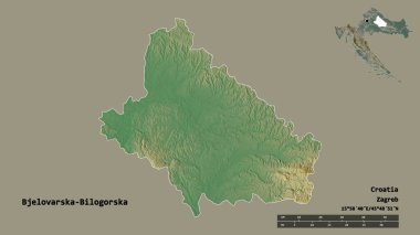 Hırvatistan 'ın Bjelovarska-Bilogorska ilçesinin başkenti sağlam bir zemin üzerinde izole edilmiştir. Uzaklık ölçeği, bölge önizlemesi ve etiketleri. Topografik yardım haritası. 3B görüntüleme