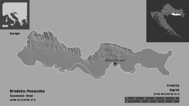 Hırvatistan 'ın Brodsko-Posavska ilçesi ve başkenti. Uzaklık ölçeği, ön gösterimler ve etiketler. Çift seviyeli yükseklik haritası. 3B görüntüleme