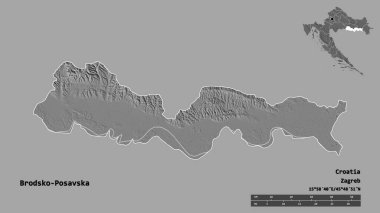 Hırvatistan 'ın Brodsko-Posavska ilçesinin başkenti sağlam bir zemin üzerinde izole edilmiştir. Uzaklık ölçeği, bölge önizlemesi ve etiketleri. Çift seviyeli yükseklik haritası. 3B görüntüleme