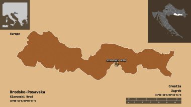 Hırvatistan 'ın Brodsko-Posavska ilçesi ve başkenti. Uzaklık ölçeği, ön gösterimler ve etiketler. Desenli dokuların bileşimi. 3B görüntüleme