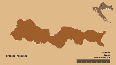 Hırvatistan 'ın Brodsko-Posavska ilçesinin başkenti sağlam bir zemin üzerinde izole edilmiştir. Uzaklık ölçeği, bölge önizlemesi ve etiketleri. Desenli dokuların bileşimi. 3B görüntüleme
