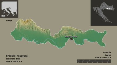 Hırvatistan 'ın Brodsko-Posavska ilçesi ve başkenti. Uzaklık ölçeği, ön gösterimler ve etiketler. Topografik yardım haritası. 3B görüntüleme