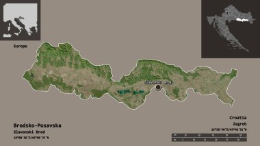 Hırvatistan 'ın Brodsko-Posavska ilçesi ve başkenti. Uzaklık ölçeği, ön gösterimler ve etiketler. Uydu görüntüleri. 3B görüntüleme