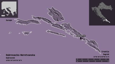 Hırvatistan 'ın Dubrovacko-Neretvanska ilçesi ve başkenti. Uzaklık ölçeği, ön gösterimler ve etiketler. Renkli yükseklik haritası. 3B görüntüleme
