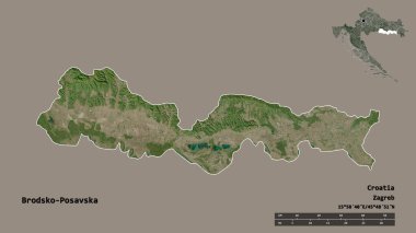 Hırvatistan 'ın Brodsko-Posavska ilçesinin başkenti sağlam bir zemin üzerinde izole edilmiştir. Uzaklık ölçeği, bölge önizlemesi ve etiketleri. Uydu görüntüleri. 3B görüntüleme