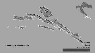 Hırvatistan 'ın Dubrovacko-Neretvanska ilçesinin başkenti sağlam bir zemin üzerinde izole edilmiştir. Uzaklık ölçeği, bölge önizlemesi ve etiketleri. Çift seviyeli yükseklik haritası. 3B görüntüleme