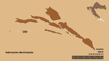 Hırvatistan 'ın Dubrovacko-Neretvanska ilçesinin başkenti sağlam bir zemin üzerinde izole edilmiştir. Uzaklık ölçeği, bölge önizlemesi ve etiketleri. Desenli dokuların bileşimi. 3B görüntüleme