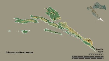 Hırvatistan 'ın Dubrovacko-Neretvanska ilçesinin başkenti sağlam bir zemin üzerinde izole edilmiştir. Uzaklık ölçeği, bölge önizlemesi ve etiketleri. Topografik yardım haritası. 3B görüntüleme