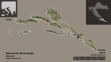 Hırvatistan 'ın Dubrovacko-Neretvanska ilçesi ve başkenti. Uzaklık ölçeği, ön gösterimler ve etiketler. Uydu görüntüleri. 3B görüntüleme