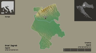 Grad Zagreb, Hırvatistan kenti ve başkenti. Uzaklık ölçeği, ön gösterimler ve etiketler. Topografik yardım haritası. 3B görüntüleme