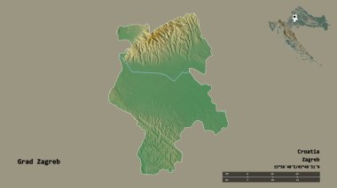 Hırvatistan 'ın başkenti Grad Zagreb' in sağlam bir zemin üzerinde izole edilmiş hali. Uzaklık ölçeği, bölge önizlemesi ve etiketleri. Topografik yardım haritası. 3B görüntüleme