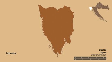 Hırvatistan 'ın Istarska ilçesinin başkenti sağlam bir zemin üzerinde izole edilmiştir. Uzaklık ölçeği, bölge önizlemesi ve etiketleri. Desenli dokuların bileşimi. 3B görüntüleme