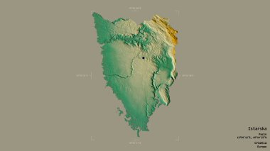 Hırvatistan 'ın Istarska ilçesi, jeoreferatlı bir sınır kutusunun sağlam bir arka planında izole edilmiş durumda. Etiketler. Topografik yardım haritası. 3B görüntüleme
