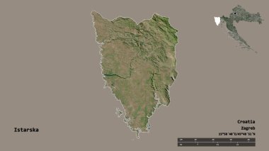 Hırvatistan 'ın Istarska ilçesinin başkenti sağlam bir zemin üzerinde izole edilmiştir. Uzaklık ölçeği, bölge önizlemesi ve etiketleri. Uydu görüntüleri. 3B görüntüleme