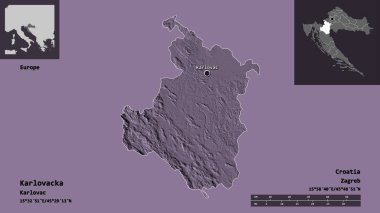Hırvatistan 'ın Karlovacka ilçesi ve başkenti. Uzaklık ölçeği, ön gösterimler ve etiketler. Renkli yükseklik haritası. 3B görüntüleme