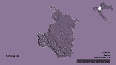 Hırvatistan 'ın Karlovacka ilçesinin başkenti sağlam bir zemin üzerinde izole edilmiştir. Uzaklık ölçeği, bölge önizlemesi ve etiketleri. Renkli yükseklik haritası. 3B görüntüleme