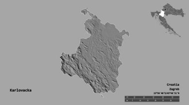 Hırvatistan 'ın Karlovacka ilçesinin başkenti sağlam bir zemin üzerinde izole edilmiştir. Uzaklık ölçeği, bölge önizlemesi ve etiketleri. Çift seviyeli yükseklik haritası. 3B görüntüleme