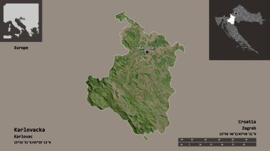 Hırvatistan 'ın Karlovacka ilçesi ve başkenti. Uzaklık ölçeği, ön gösterimler ve etiketler. Uydu görüntüleri. 3B görüntüleme