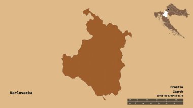 Hırvatistan 'ın Karlovacka ilçesinin başkenti sağlam bir zemin üzerinde izole edilmiştir. Uzaklık ölçeği, bölge önizlemesi ve etiketleri. Desenli dokuların bileşimi. 3B görüntüleme