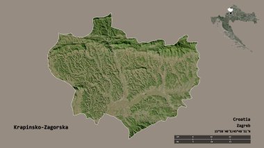 Hırvatistan 'ın Krapinsko-Zagorska ilçesinin başkenti sağlam bir zemin üzerinde izole edilmiştir. Uzaklık ölçeği, bölge önizlemesi ve etiketleri. Uydu görüntüleri. 3B görüntüleme