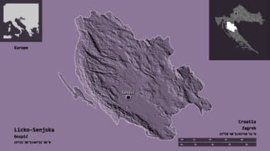 Hırvatistan 'ın Licko-Senjska ilçesi ve başkenti. Uzaklık ölçeği, ön gösterimler ve etiketler. Renkli yükseklik haritası. 3B görüntüleme