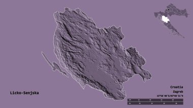 Hırvatistan 'ın Licko-Senjska ilçesinin başkenti sağlam bir zemin üzerinde izole edilmiştir. Uzaklık ölçeği, bölge önizlemesi ve etiketleri. Renkli yükseklik haritası. 3B görüntüleme