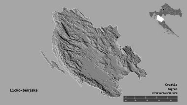 Hırvatistan 'ın Licko-Senjska ilçesinin başkenti sağlam bir zemin üzerinde izole edilmiştir. Uzaklık ölçeği, bölge önizlemesi ve etiketleri. Çift seviyeli yükseklik haritası. 3B görüntüleme
