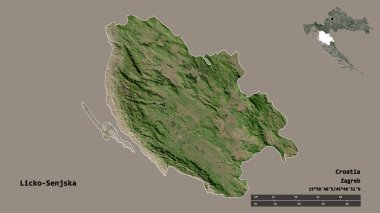 Hırvatistan 'ın Licko-Senjska ilçesinin başkenti sağlam bir zemin üzerinde izole edilmiştir. Uzaklık ölçeği, bölge önizlemesi ve etiketleri. Uydu görüntüleri. 3B görüntüleme