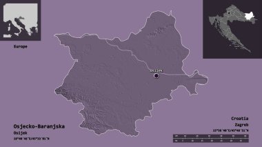 Hırvatistan 'ın Osjecko-Baranjska ilçesi ve başkenti. Uzaklık ölçeği, ön gösterimler ve etiketler. Renkli yükseklik haritası. 3B görüntüleme
