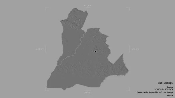 コンゴ民主共和国の州 ウバンギの地域は 洗練された境界ボックス内の強固な背景に隔離されています ラベル 標高マップ 3Dレンダリング — ストック写真