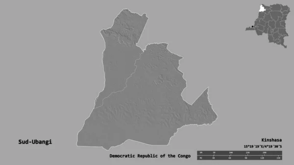 刚果民主共和国南乌班吉省的形状 其首都背景坚实 与世隔绝 距离尺度 区域预览和标签 Bilevel高程图 3D渲染 — 图库照片