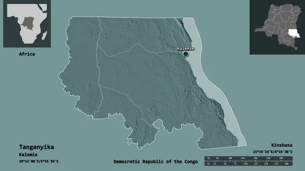 刚果民主共和国的坦噶尼喀省的形状及其首都 距离刻度 预览和标签 彩色高程图 3D渲染 — 图库照片