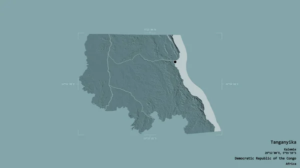 コンゴ民主共和国のタンガニーカ州の地域は 洗練された境界ボックスにしっかりとした背景に隔離されています ラベル 色の標高マップ 3Dレンダリング — ストック写真