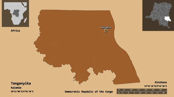 コンゴ民主共和国のタンガニーカ州とその首都の形 距離スケール プレビューおよびラベル パターン化されたテクスチャの構成 3Dレンダリング — ストック写真