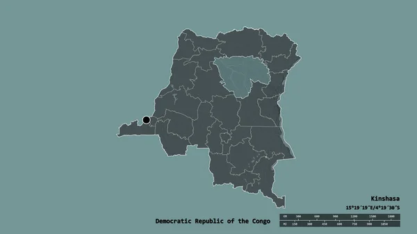 コンゴ民主共和国の首都 主な地域部門と分離されたトショポ地域との形が悪化しました ラベル 色の標高マップ 3Dレンダリング — ストック写真