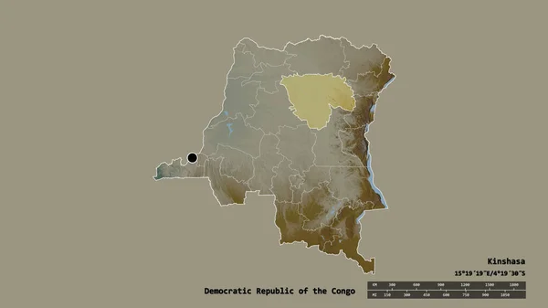 以首都 主要区域分部和分隔的Tshopo地区为首都的刚果民主共和国的绝望状态 地形浮雕图 3D渲染 — 图库照片