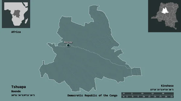 刚果民主共和国Tshuapa省的形状及其首都 距离刻度 预览和标签 彩色高程图 3D渲染 — 图库照片