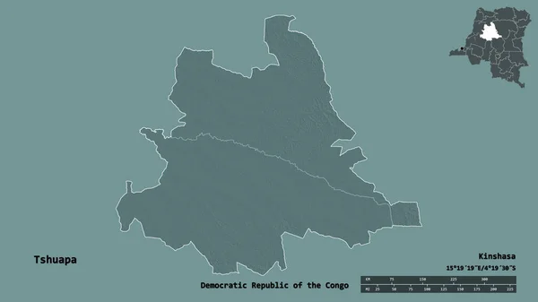 刚果民主共和国Tshuapa省的形状 其首都在坚实的背景下与世隔绝 距离尺度 区域预览和标签 彩色高程图 3D渲染 — 图库照片