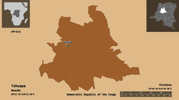 刚果民主共和国Tshuapa省的形状及其首都 距离刻度 预览和标签 图形纹理的组成 3D渲染 — 图库照片