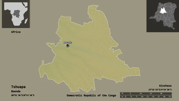 コンゴ民主共和国のツアパ州とその首都の形 距離スケール プレビューおよびラベル 地形図 3Dレンダリング — ストック写真