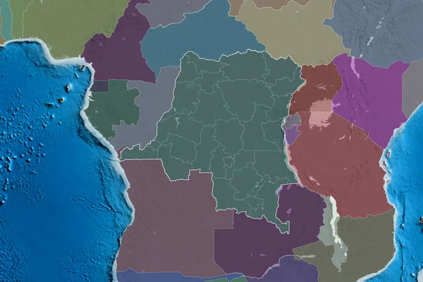 刚果民主共和国幅员辽阔 有国家概况 国际和区域边界 彩色高程图 3D渲染 — 图库照片