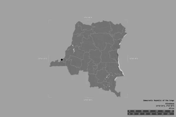 コンゴ民主共和国の領域は 強化された境界ボックス内の強固な背景に隔離されました 主な地域部門 距離スケール ラベル 標高マップ 3Dレンダリング — ストック写真