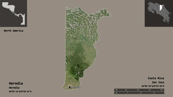 哥斯达黎加省赫里迪亚的形状及其首都 距离刻度 预览和标签 卫星图像 3D渲染 — 图库照片