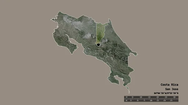 主要な地域部門と分離されたヘレディア地域とコスタリカの荒廃した形 ラベル 衛星画像 3Dレンダリング — ストック写真