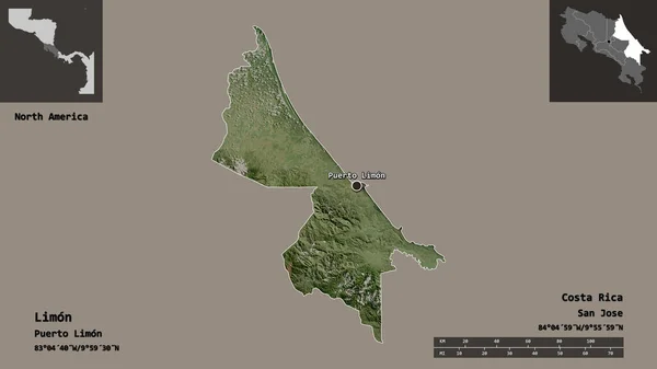 哥斯达黎加利蒙省的形状及其首都 距离刻度 预览和标签 卫星图像 3D渲染 — 图库照片
