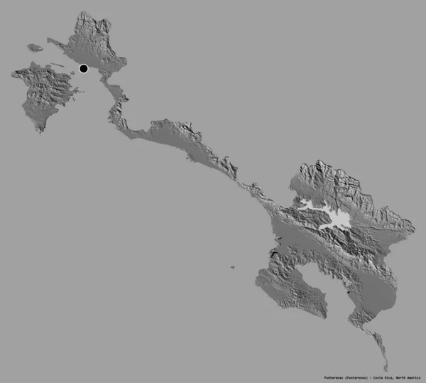 哥斯达黎加省蓬塔雷纳斯省的形状 其首都以纯色背景隔离 Bilevel高程图 3D渲染 — 图库照片