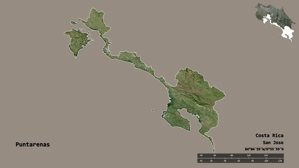 哥斯达黎加省蓬塔雷纳斯省的形状 其首都在坚实的背景下与世隔绝 距离尺度 区域预览和标签 卫星图像 3D渲染 — 图库照片