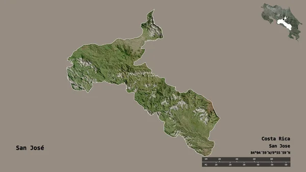 哥斯达黎加省圣何塞的形状 其首都在坚实的背景下与世隔绝 距离尺度 区域预览和标签 卫星图像 3D渲染 — 图库照片