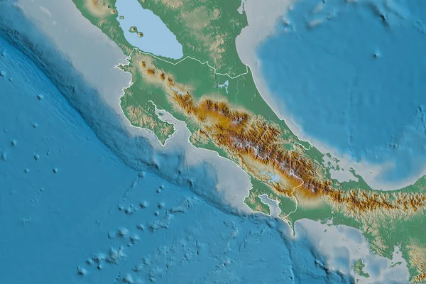 哥斯达黎加幅员辽阔 有国家概况 国际和区域边界 地形浮雕图 3D渲染 — 图库照片